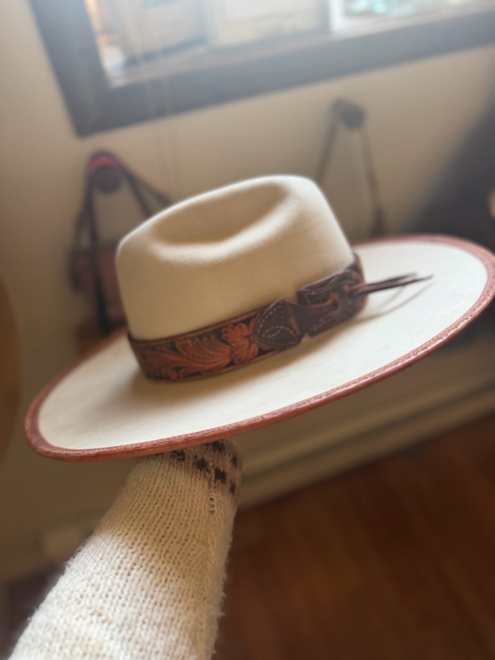 Cream Wide-Brim Felt Hat with Embossed Brown Leather Band